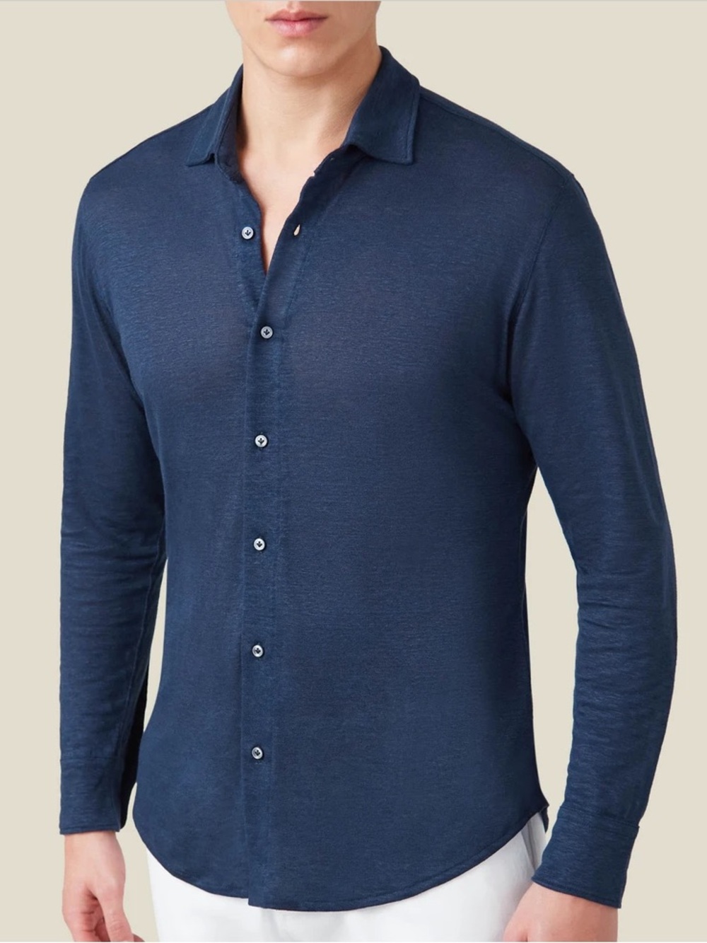 Luca Faloni Men's Navy Blue Button-Down Linen Shirt